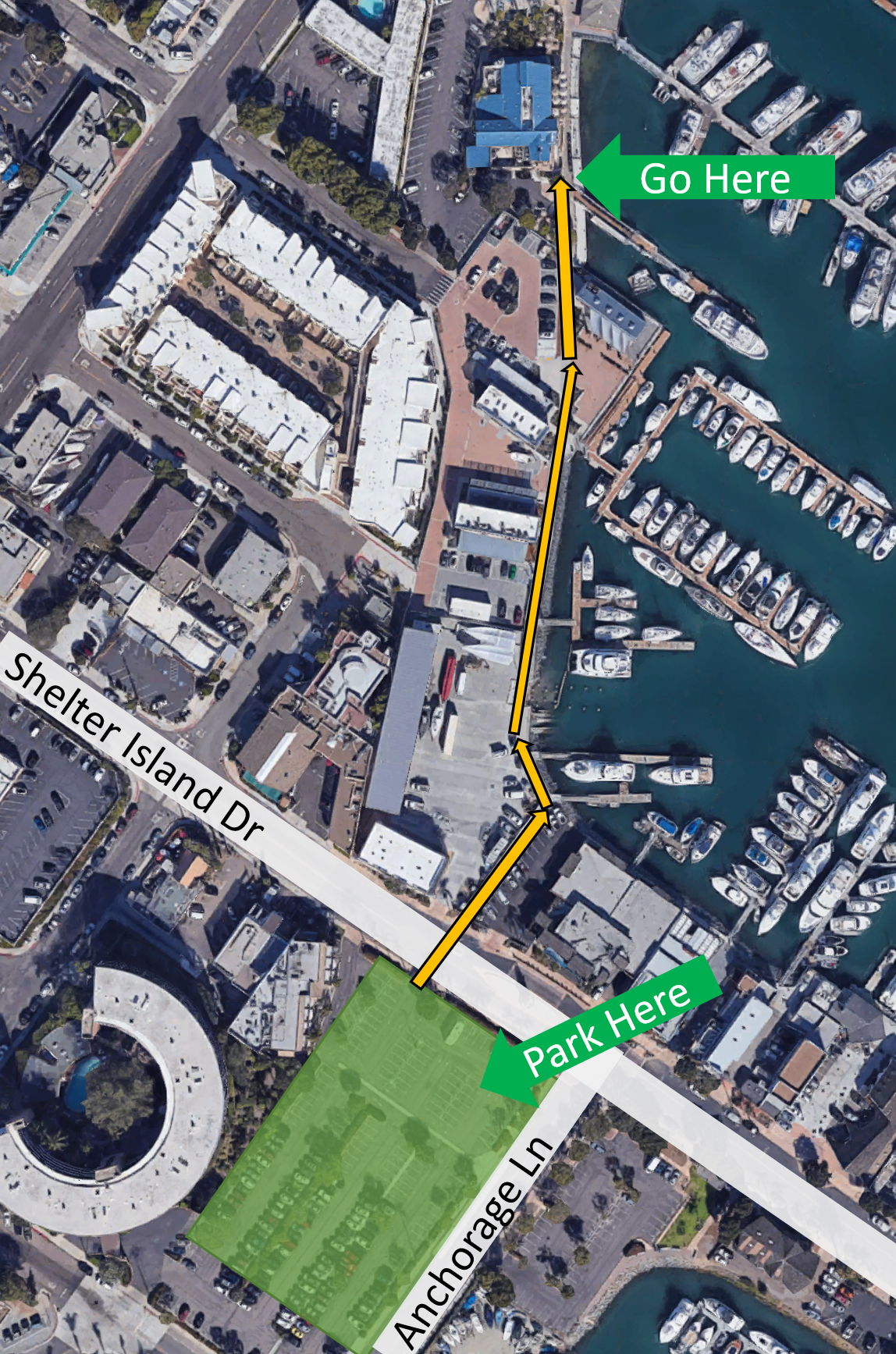 Recommended parking lot location relative to event venue.